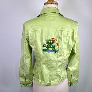 Y2K Like A Little Pastel Frog Mushroom Embroidered Green Denim Jacket Size PL